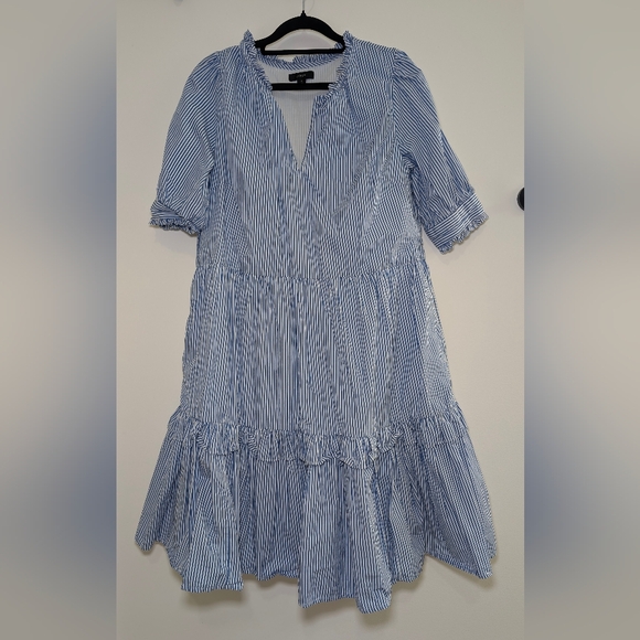 J.Crew Blue Striped Ruffle Tiered Midi Dress Size M Coastal Grandma Cottagecore - Picture 4 of 10